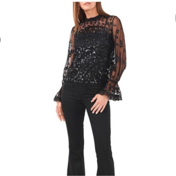 Chelsea & Violet black sheer high neck sequin blouse top small s - Picture 3 of 8